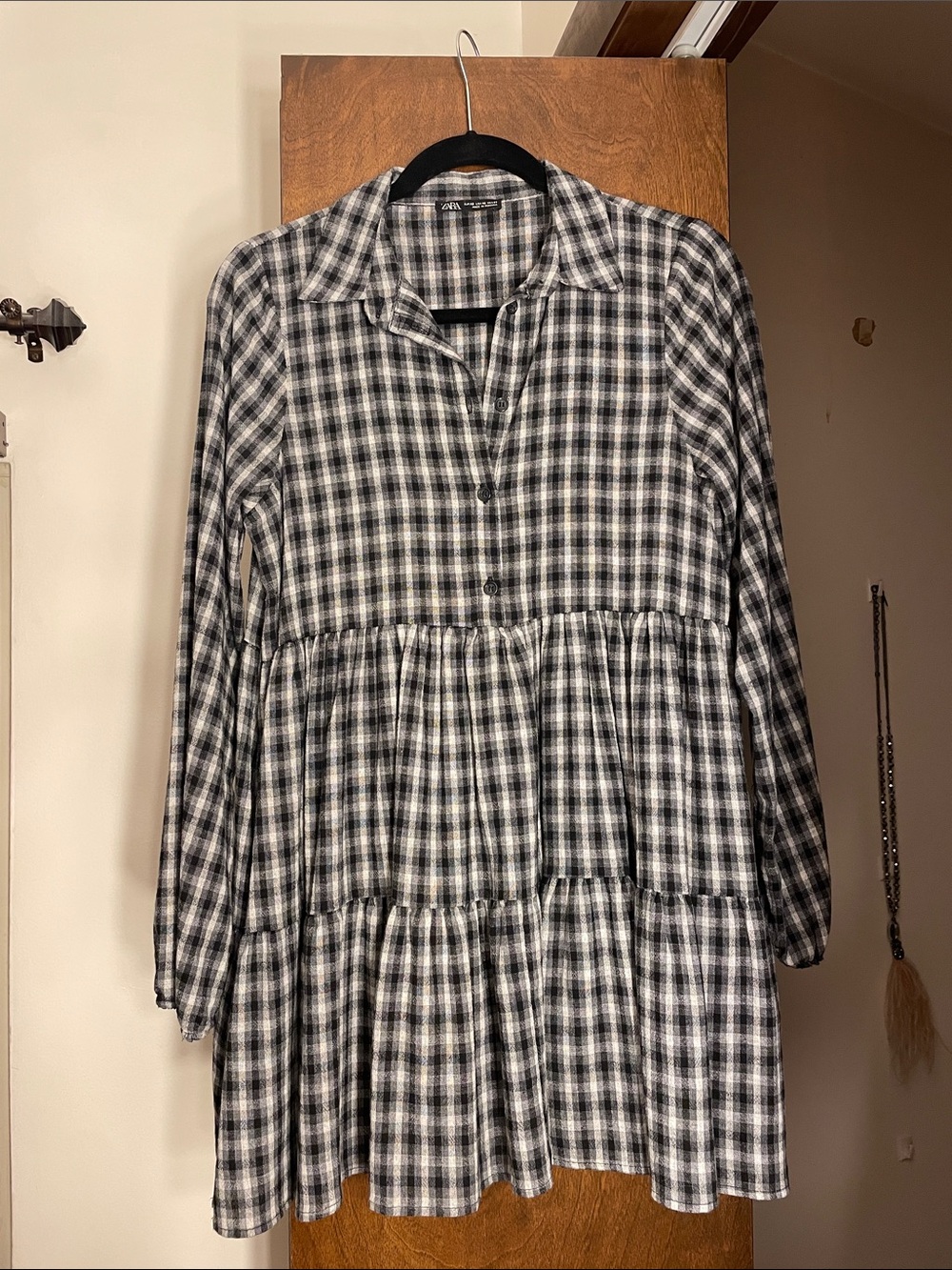 Zara Black and White Plaid Tiered Shirt Dress